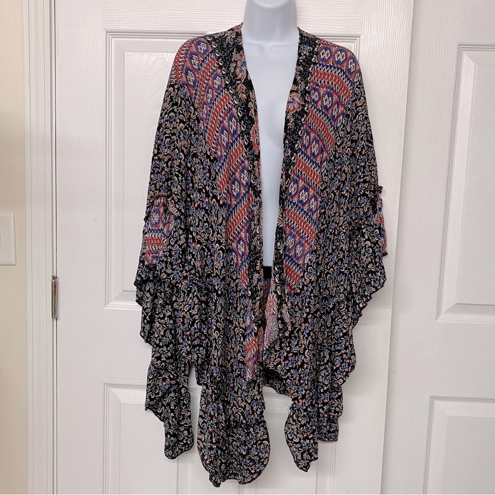 Angie Boho Black Floral Print Long Line Open Front Gauzy Kimono Cardigan Sz L